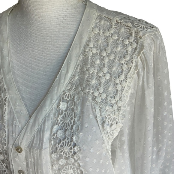 Meadow Rue Victorian Pleated Lace Swiss Dot Peplum Blouse Medium - Picture 13 of 14